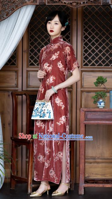 Republic of China Qipao Dress Traditional National Costume Classical Purplish Red Velvet Cheongsam