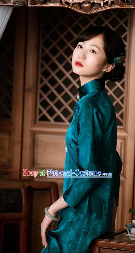 Republic of China Deep Green Silk Qipao Dress Traditional National Costume Asian Classical Cheongsam