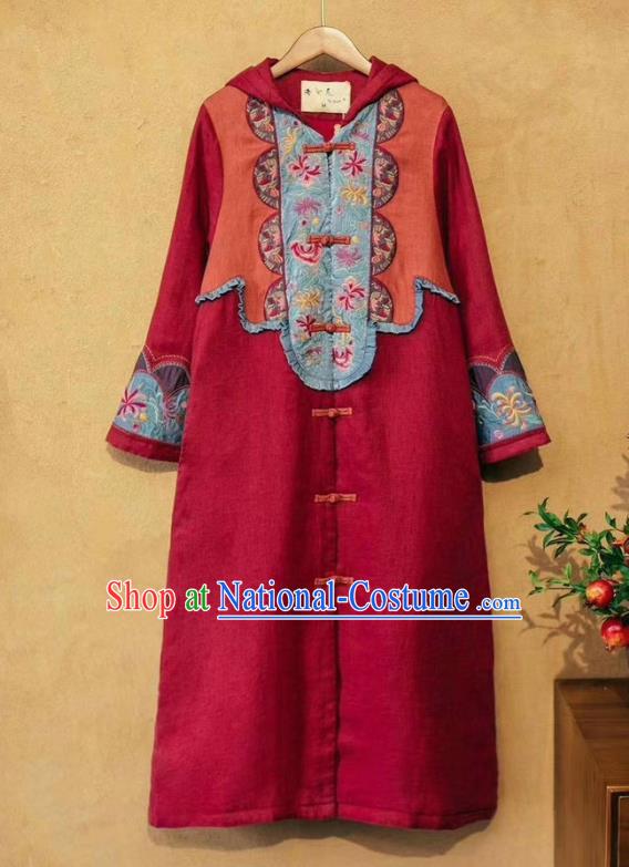 China Tang Suit Women Wine Red Flax Dust Coat Traditional Costume National Outer Garment Long Coat