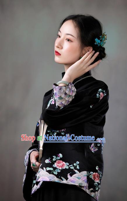 Chinese Tang Suit Outer Garment National Clothing Traditional Black Silk Embroidered Mandarin Jacket for Women