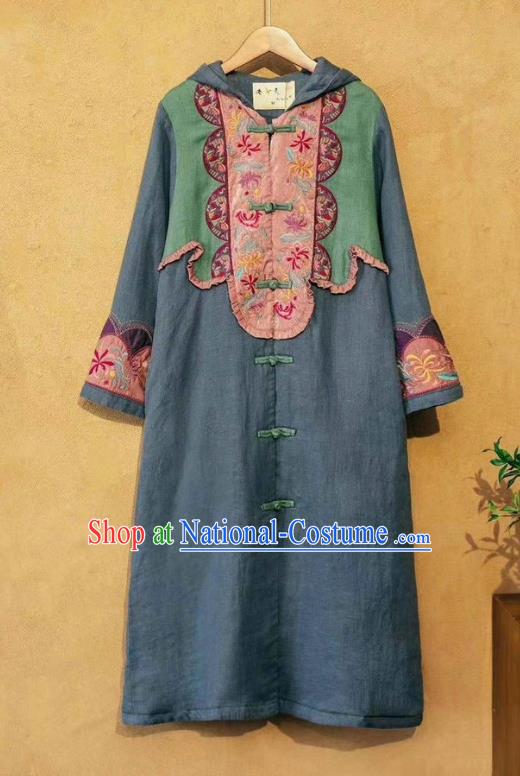 China National Outer Garment Long Coat Tang Suit Women Blue Flax Dust Coat Traditional Embroidered Costume