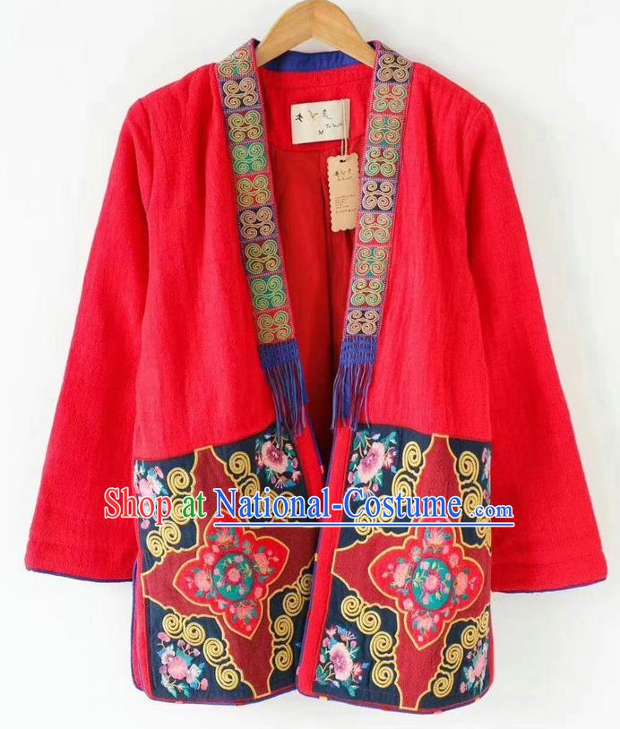 China National Red Flax Jacket Women Coat Traditional Embroidered Costume Tang Suit Outer Garment