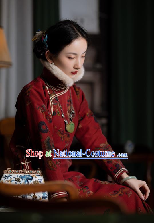 Chinese National Red Silk Cheongsam Republic of China Traditional Women Costume Classical Winter Qipao Dress