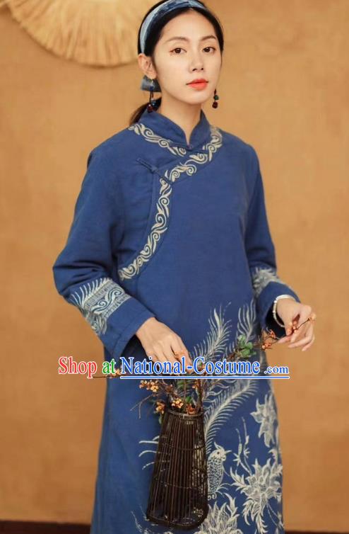 Chinese Retro Batik Blue Qipao Dress Traditional Women Cotton Padded Robe Clothing National Embroidered Phoenix Cheongsam