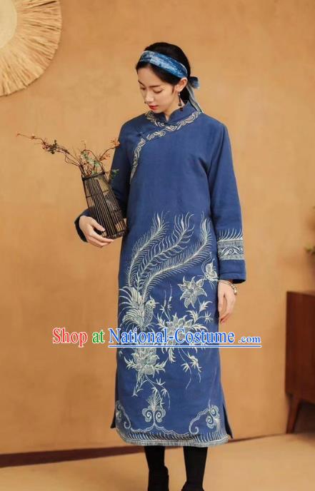 Chinese Retro Batik Blue Qipao Dress Traditional Women Cotton Padded Robe Clothing National Embroidered Phoenix Cheongsam