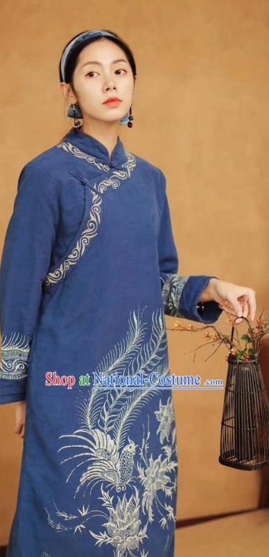 Chinese Retro Batik Blue Qipao Dress Traditional Women Cotton Padded Robe Clothing National Embroidered Phoenix Cheongsam