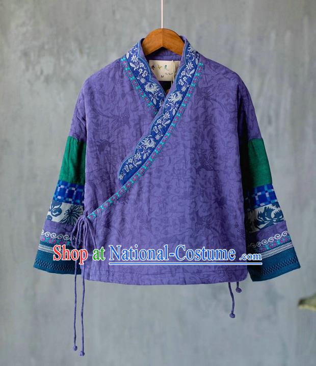 China National Purple Flax Quilted Jacket Women Winter Coat Traditional Embroidered Tang Suit Outer Garment Costume