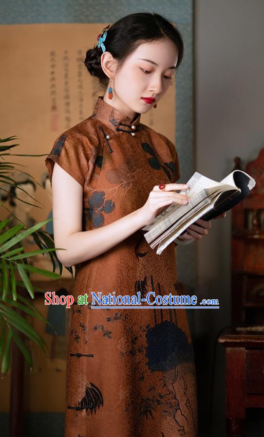 Republic of China Traditional Qipao Dress Chinese National Costume Classical Brown Silk Cheongsam