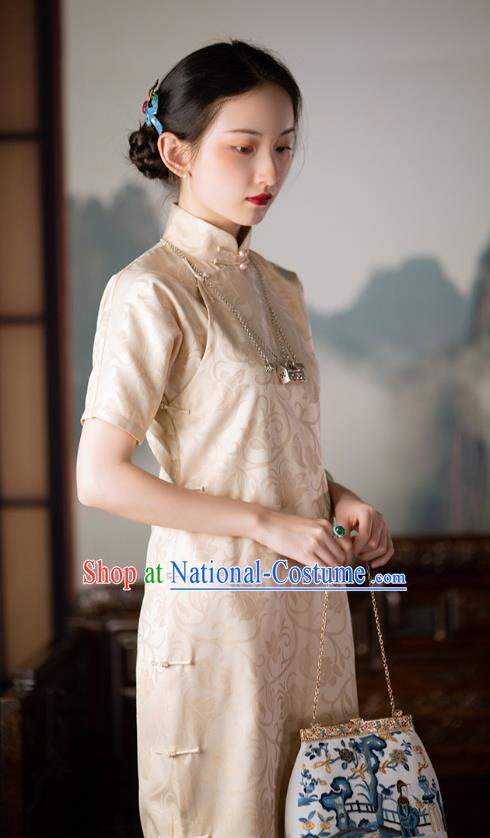 Republic of China Champagne Silk Qipao Dress Chinese Traditional Costume National Cheongsam