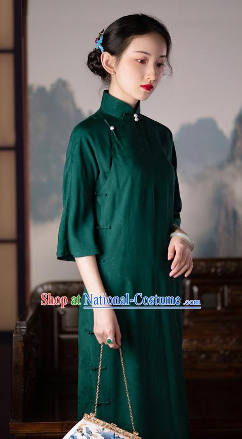 Republic of China Deep Green Qipao Dress Traditional Costume National Silk Cheongsam