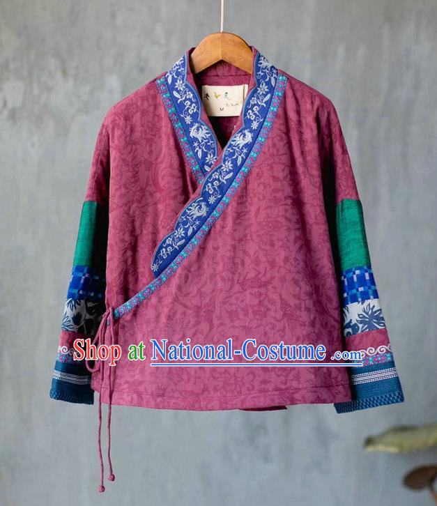 China Traditional Embroidered Tang Suit Outer Garment Costume National Purplish Red Flax Quilted Jacket Women Winter Coat