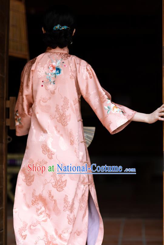 Chinese Classical Embroidered Pink Silk Qipao Dress Qing Dynasty Noble Woman Costume China Traditional National Cheongsam