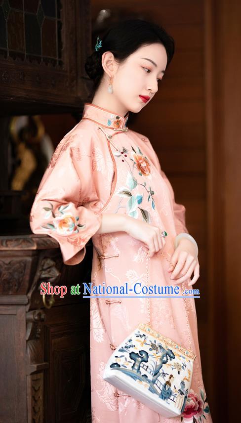 Chinese Classical Embroidered Pink Silk Qipao Dress Qing Dynasty Noble Woman Costume China Traditional National Cheongsam