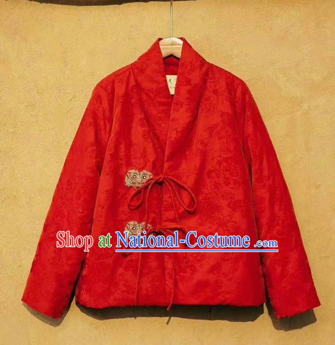 China Traditional Red Flocking Coat Tang Suit Outer Garment Costume National Women Winter Jacket