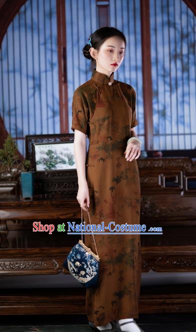 Chinese Classical Beauty Pattern Ginger Silk Qipao Dress Costume Traditional National Women Cheongsam