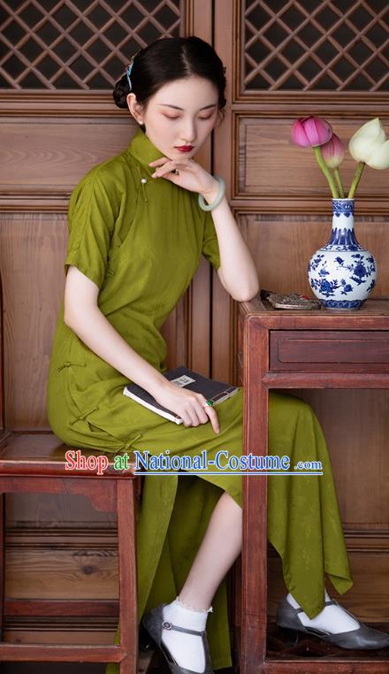 Chinese Traditional Women Cheongsam National Costume Classical Olive Green Qipao Dress