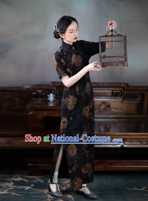 Asian Classical Cheongsam Republic of China Traditional Black Silk Qipao Dress National Costume