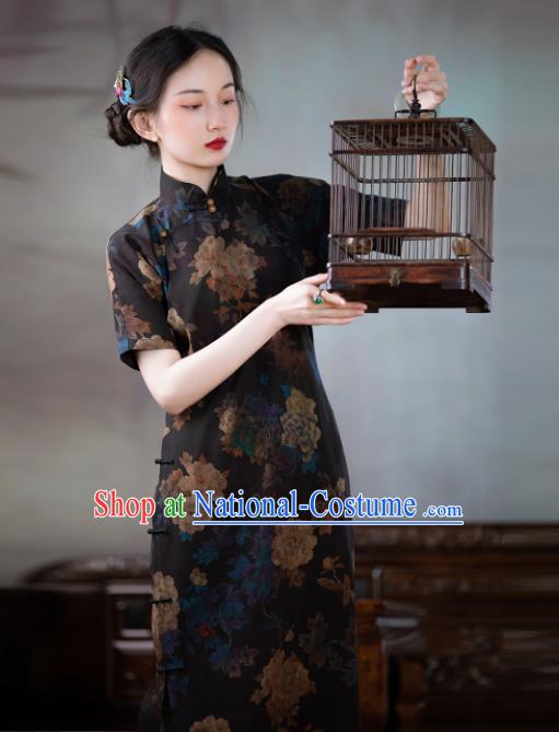 Asian Classical Cheongsam Republic of China Traditional Black Silk Qipao Dress National Costume