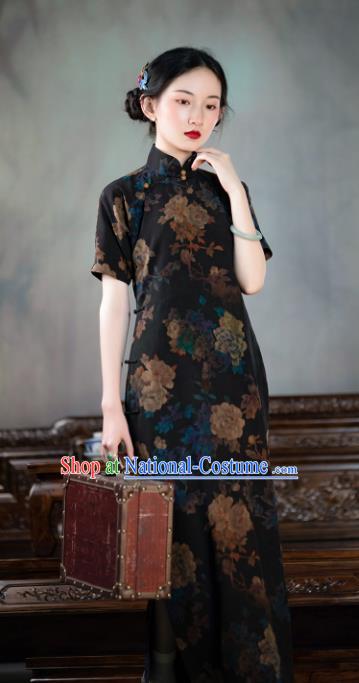 Asian Classical Cheongsam Republic of China Traditional Black Silk Qipao Dress National Costume