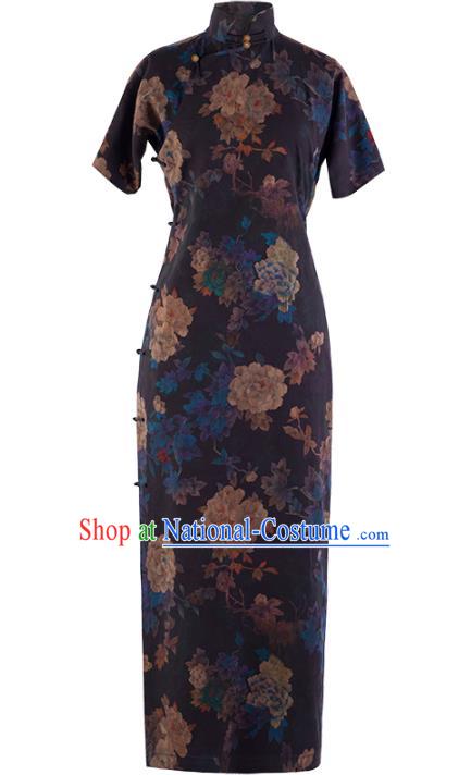 Asian Classical Cheongsam Republic of China Traditional Black Silk Qipao Dress National Costume