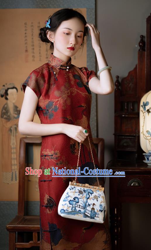 Classical Red Silk Cheongsam Republic of China Traditional Qipao Dress Chinese National Costume