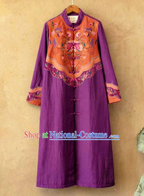 China National Embroidered Purple Flax Dust Coat Traditional Winter Costume Tang Suit Women Overcoat