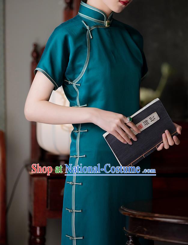 Chinese Blue Silk Qipao Dress National Women Costume Traditional Classical Cheongsam