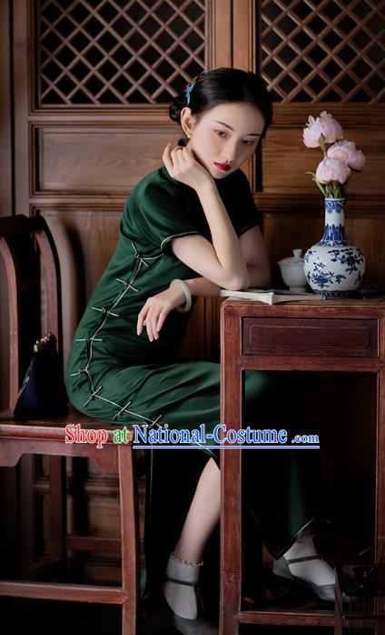 Chinese Traditional Classical Cheongsam Dark Green Silk Qipao Dress National Women Costume