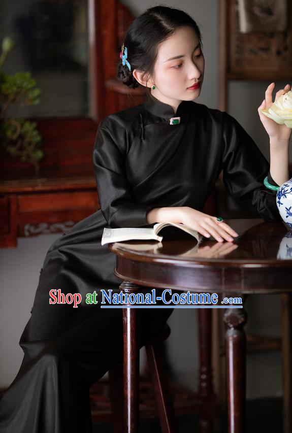 Chinese Traditional Classical Black Silk Qipao Dress National Women Costume Long Sleeve Cheongsam