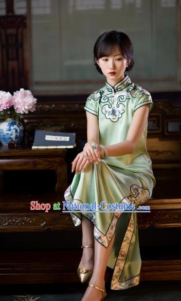 Chinese Traditional Light Green Silk Cheongsam National Women Costume Classical Embroidered Qipao Dress