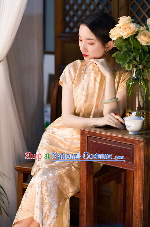 Chinese Classical Champagne Silk Cheongsam Traditional Chrysanthemum Pattern Qipao Dress National Women Costume