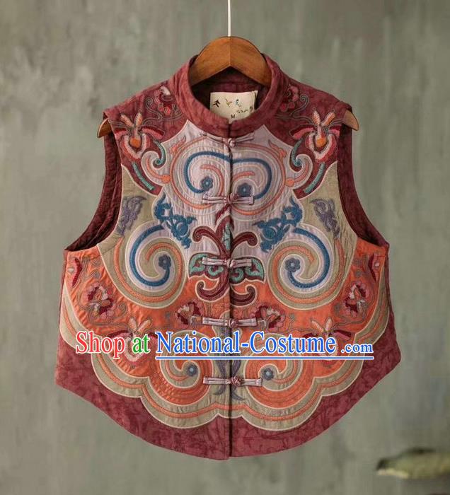 China National Embroidered Purplish Red Waistcoat Women Flax Vest Traditional Tang Suit Upper Outer Garment Clothing