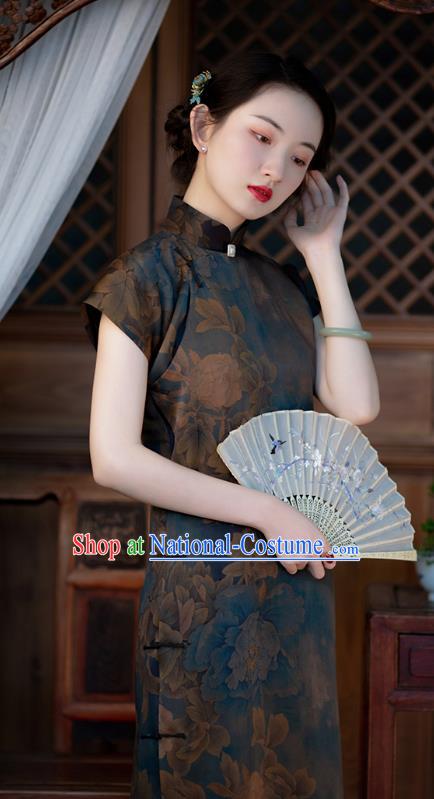 Chinese Classical Peony Pattern Navy Silk Cheongsam Traditional Qipao Costume National Women Dress