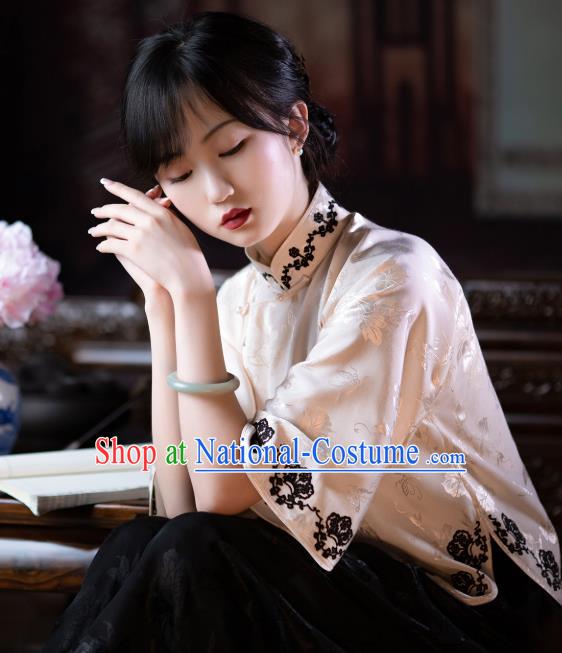 Chinese Traditional Stand Collar Shirt Classical Embroidered Beige Silk Blouse Tang Suit Upper Outer Garment Clothing for Women