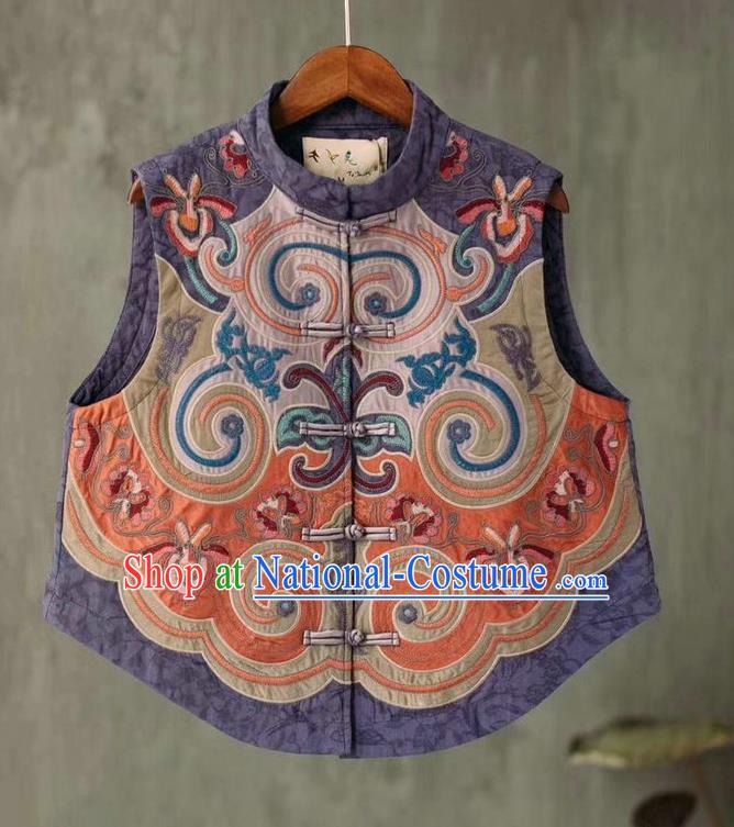 China National Women Vest Embroidered Waistcoat Traditional Tang Suit Upper Outer Garment Lilac Flax Clothing