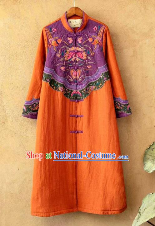 China Tang Suit Women Overcoat National Embroidered Orange Flax Dust Coat Traditional Winter Costume