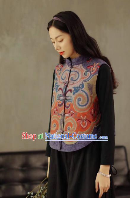 China National Women Vest Embroidered Waistcoat Traditional Tang Suit Upper Outer Garment Lilac Flax Clothing