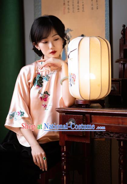 Chinese Traditional Embroidered Shirt Tang Suit Upper Outer Garment Classical Pink Silk Blouse for Women