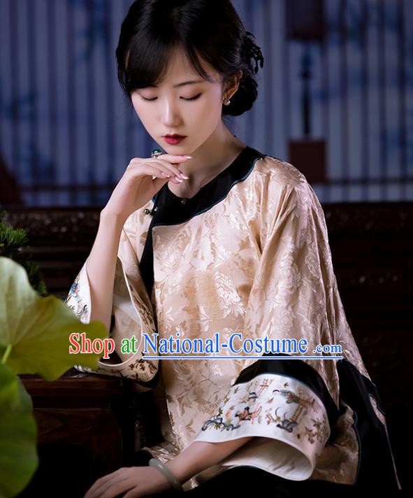 Chinese Traditional Tang Suit Upper Outer Garment Embroidered Apricot Silk Shirt Classical Blouse for Women