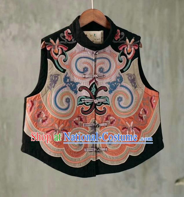 China Embroidered Waistcoat Traditional Tang Suit Upper Outer Garment Black Flax Clothing National Women Vest