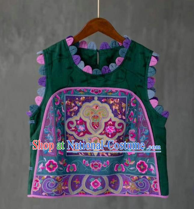 China Traditional Tang Suit Green Flax Vest Upper Outer Garment Clothing National Women Embroidered Waistcoat