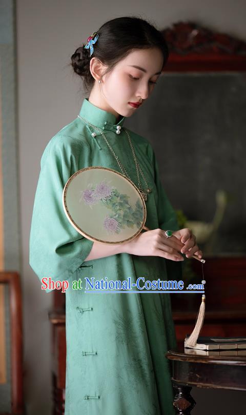 Chinese Traditional Women Cheongsam Costume National Classical Green Silk Qipao Dress