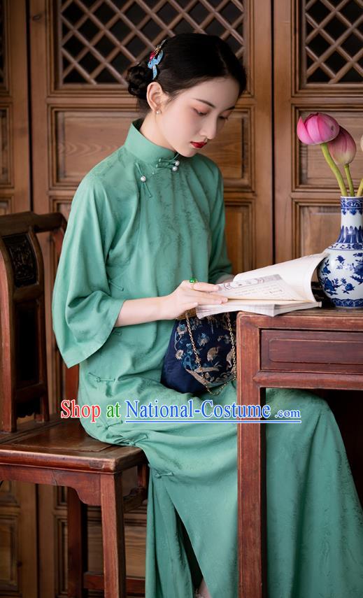 Chinese Traditional Women Cheongsam Costume National Classical Green Silk Qipao Dress