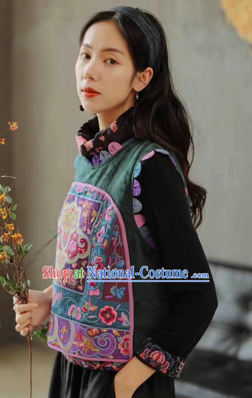 China Traditional Tang Suit Green Flax Vest Upper Outer Garment Clothing National Women Embroidered Waistcoat