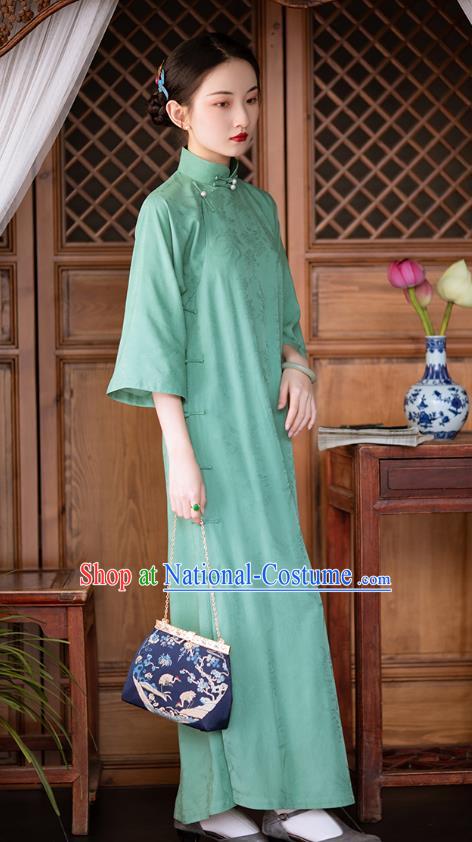 Chinese Traditional Women Cheongsam Costume National Classical Green Silk Qipao Dress