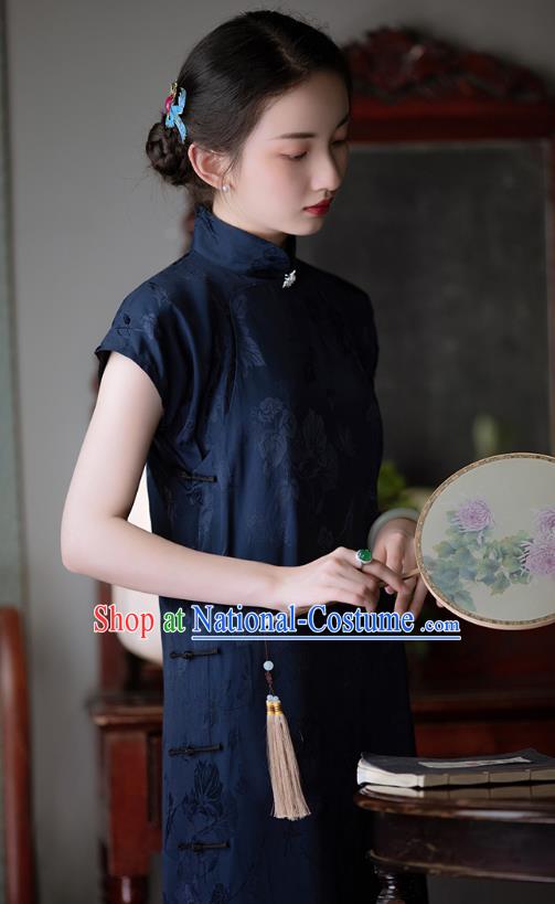 Chinese Traditional Women Navy Satin Cheongsam National Costume Classical Silk Qipao Dress