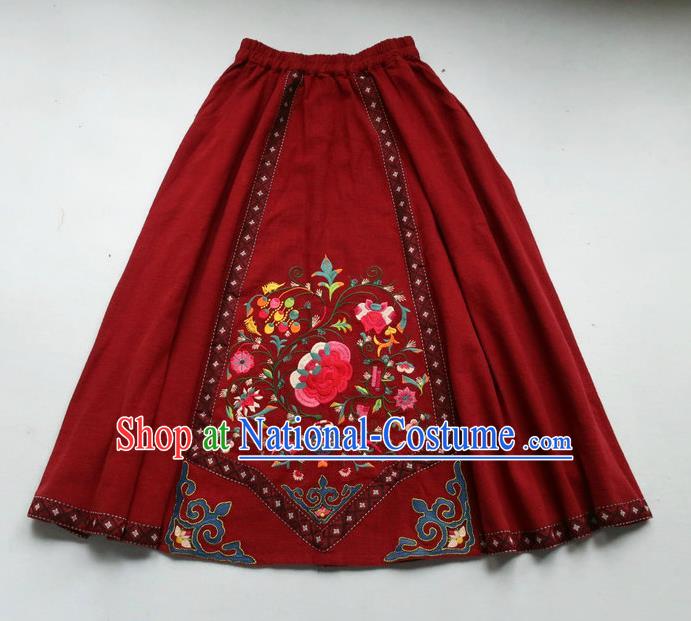 Chinese Retro Dark Red Skirt Traditional Women Clothing National Embroidered Peony Bust Skirt