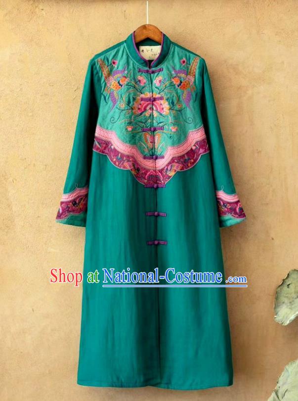 China Traditional Winter Costume Tang Suit Women Overcoat National Embroidered Green Flax Dust Coat