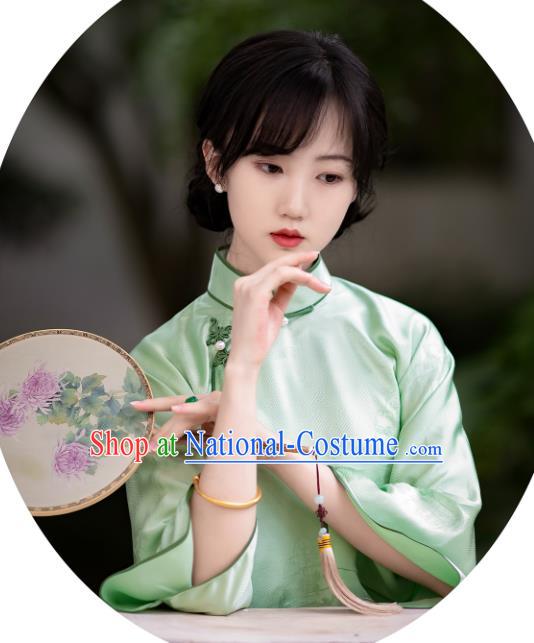 Chinese Tang Suit Upper Outer Garment Traditional Classical Light Green Silk Blouse National Clothing for Women