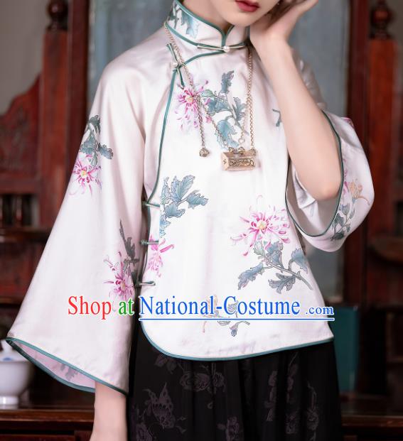 Chinese Traditional Printing Chrysanthemum White Silk Blouse Tang Suit Upper Outer Garment National Shirt for Women